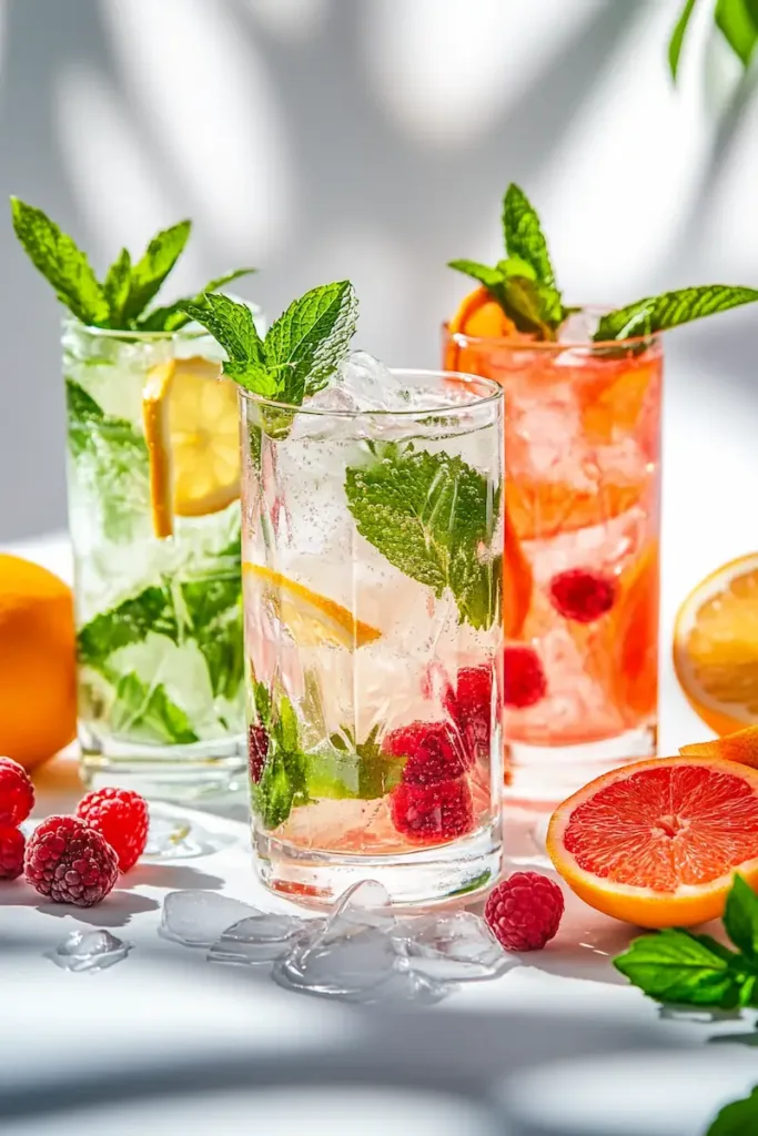 Healthy Mocktails: Easy Alcohol-Free Drinks Everyone Loves 2 Colorful healthy mocktails made with fresh fruit, citrus, mint and sparkling water served in glasses with ice.
