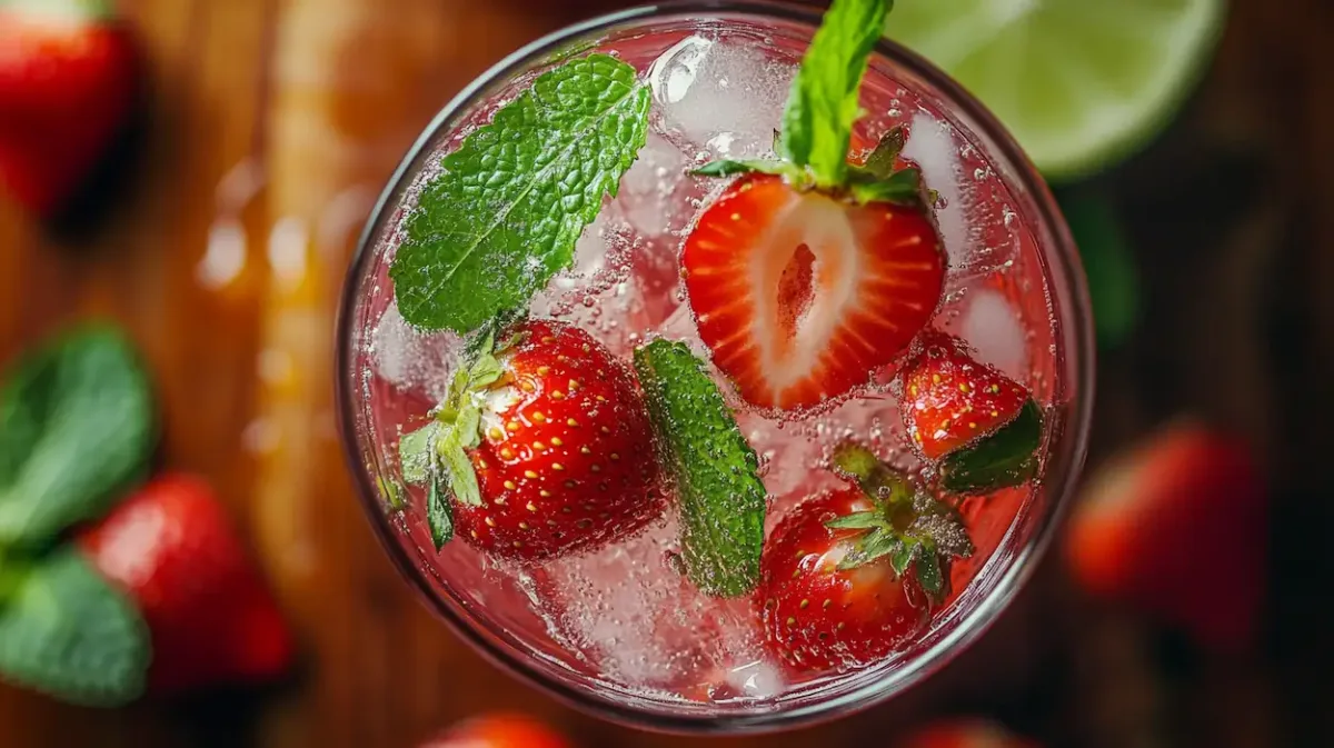 Healthy Strawberry Mint Mocktail 1 Healthy strawberry mint mocktail with fresh strawberries, mint leaves, lime and sparkling water served in a clear glass on a wooden table.
