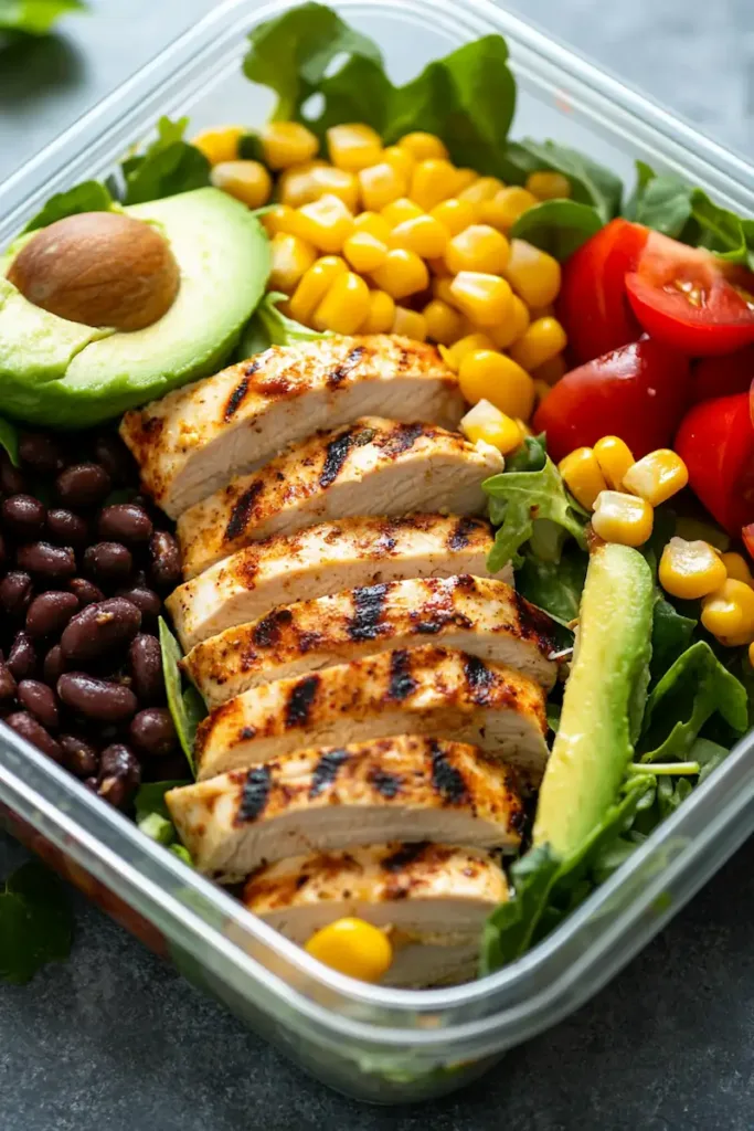 High Protein Southwest Chicken Salad (Easy, Fresh & Meal Prep-Friendly) 2 Bowl of high protein southwest chicken salad with grilled chicken, black beans, corn, tomatoes, and avocado.