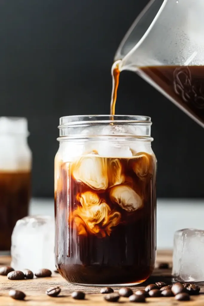 How to Make Cold Brew Coffee at Home Easy Recipe 2 Glass jar of homemade cold brew coffee concentrate pouring into an iced coffee glass with coffee beans and brewing supplies.
