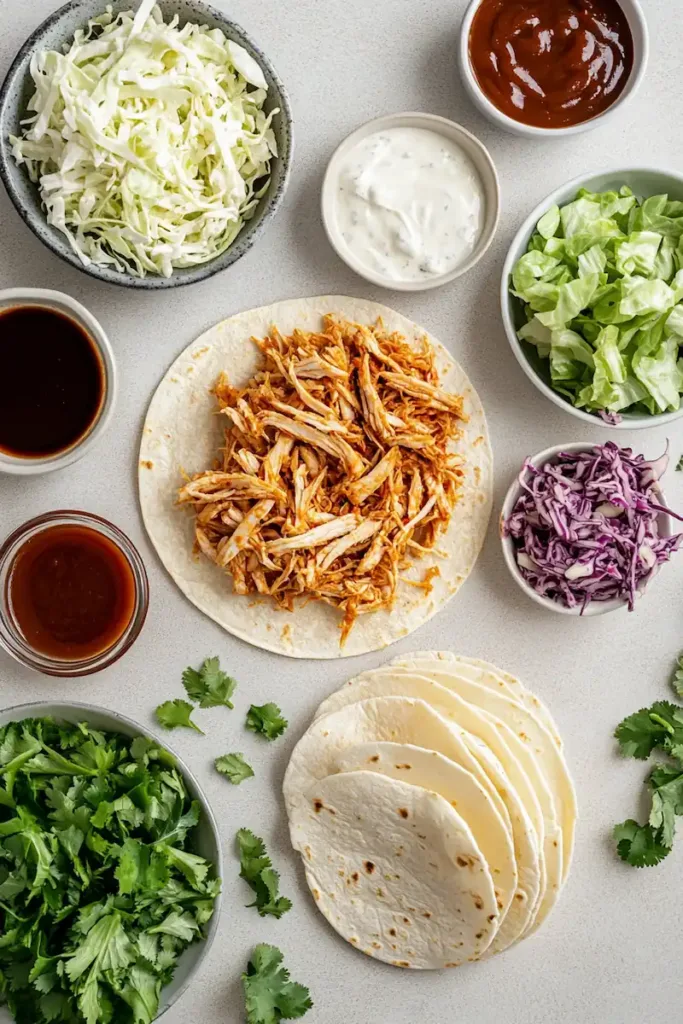 Crispy BBQ Chicken Wraps (Easy High-Protein Lunch Recipe) 3 Flatlay of ingredients for BBQ chicken wraps including shredded chicken, barbecue sauce, tortillas, coleslaw mix, lettuce, cheese and ranch dressing.