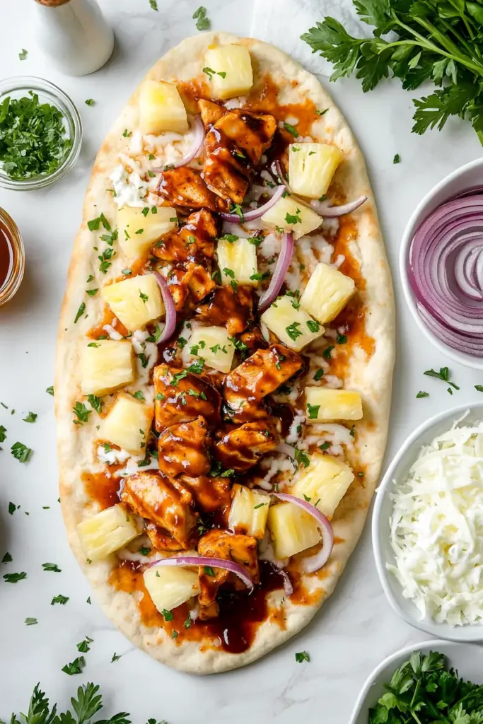Flat lay of ingredients for BBQ Hawaiian flatbread pizza including flatbread, shredded chicken, pineapple, red onion, mozzarella, and BBQ sauce