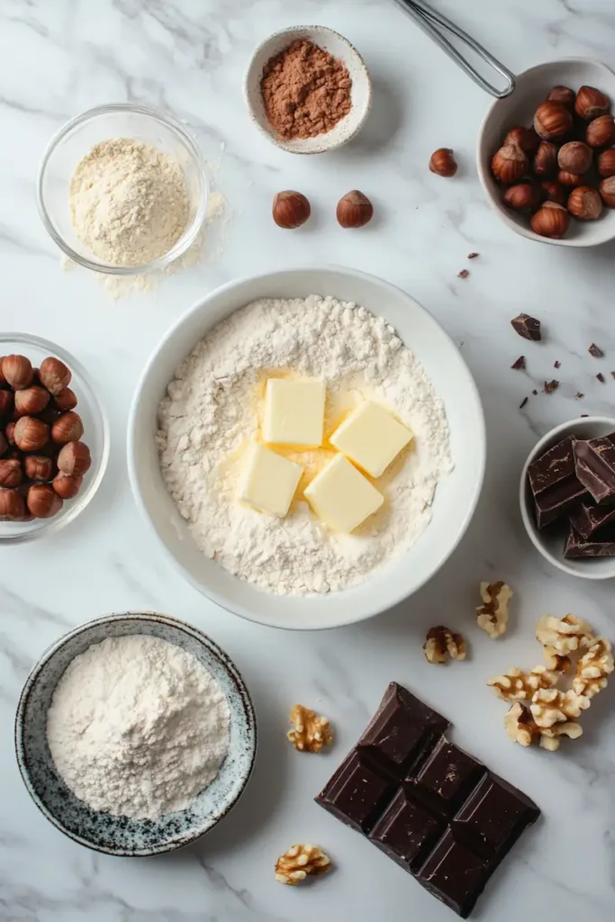 Easy Rugelach Recipe – Classic Chocolate Rugelach Cookies 3 Ingredients for chocolate rugelach recipe including flour, butter, cream cheese, brown sugar, cinnamon, dark chocolate, and chopped nuts arranged on a kitchen surface.