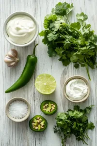 Creamy garlic lime cilantro sauce in a small bowl with lime slices and fresh cilantro on a bright kitchen surface.