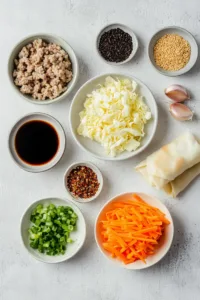 Egg roll ingredients flat lay including egg roll wrappers, ground pork, shredded cabbage, carrots, garlic, green onions, soy sauce, and sesame oil.