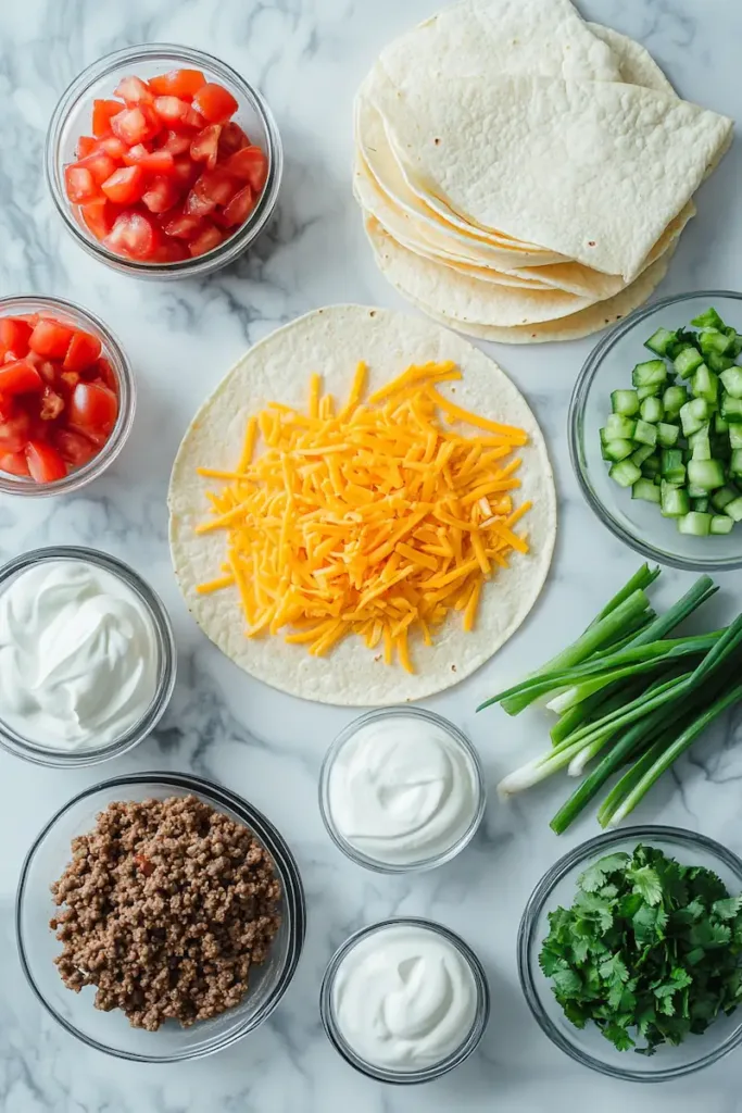 Ingredients for easy layered taco bake including tortillas, ground beef, shredded cheese, salsa, sour cream, tomatoes, and green onions arranged on a marble surface.