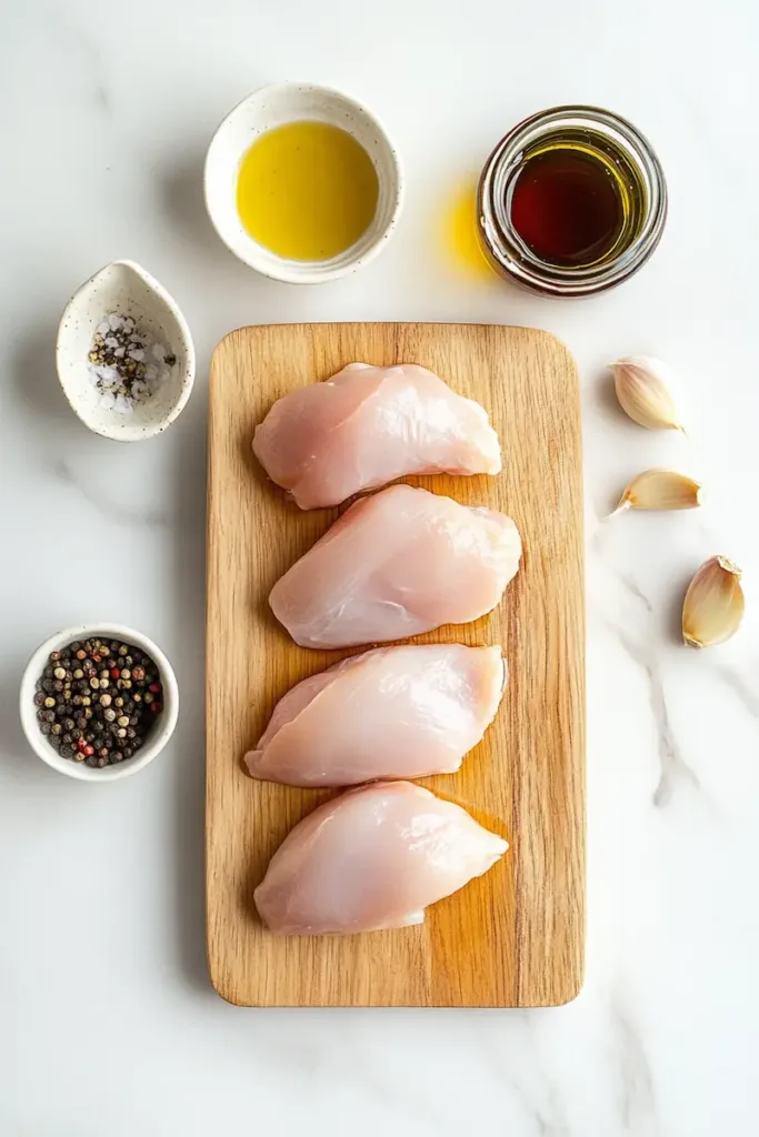 Easy Honey Garlic Chicken Breasts Recipe (Sweet & Savory Dinner) 3 Raw chicken breasts with honey, garlic cloves, soy sauce, olive oil, vinegar, and seasonings arranged on a kitchen counter for honey garlic chicken recipe.