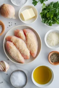 Parmesan Crusted Chicken with Creamy Garlic Sauce (Easy Family Dinner Recipe) 5 Flat lay of ingredients for parmesan crusted chicken including chicken breasts, grated parmesan cheese, panko breadcrumbs, garlic, butter, heavy cream, olive oil and parsley on a marble kitchen counter.