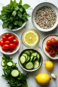 Flat lay of quinoa tabbouleh salad ingredients including quinoa, parsley, mint, cucumber, cherry tomatoes, lemon, garlic, and olive oil on a clean surface.