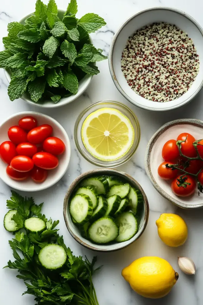 Flat lay of quinoa tabbouleh salad ingredients including quinoa, parsley, mint, cucumber, cherry tomatoes, lemon, garlic, and olive oil on a clean surface.