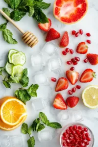 Healthy Mocktails: Easy Alcohol-Free Drinks Everyone Loves 5 Flat lay of healthy mocktail ingredients including strawberries, pomegranate juice, lime slices, mint leaves, honey, sparkling water, and ice cubes on a light surface.