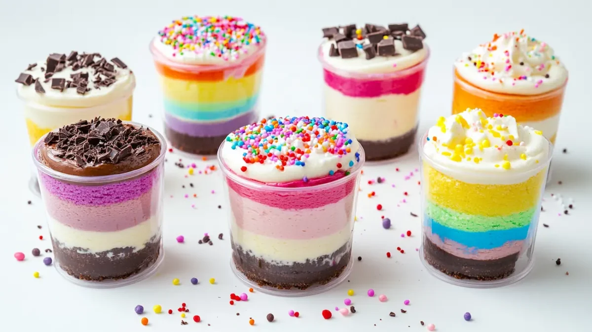 3 No Bake Mini Cheesecake Ideas That Go Viral on Pinterest (Easy & Colorful) 1 No bake mini cheesecake ideas with rainbow layers sprinkles chocolate and lemon variations in cups