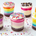 No bake mini cheesecake ideas with rainbow layers sprinkles chocolate and lemon variations in cups