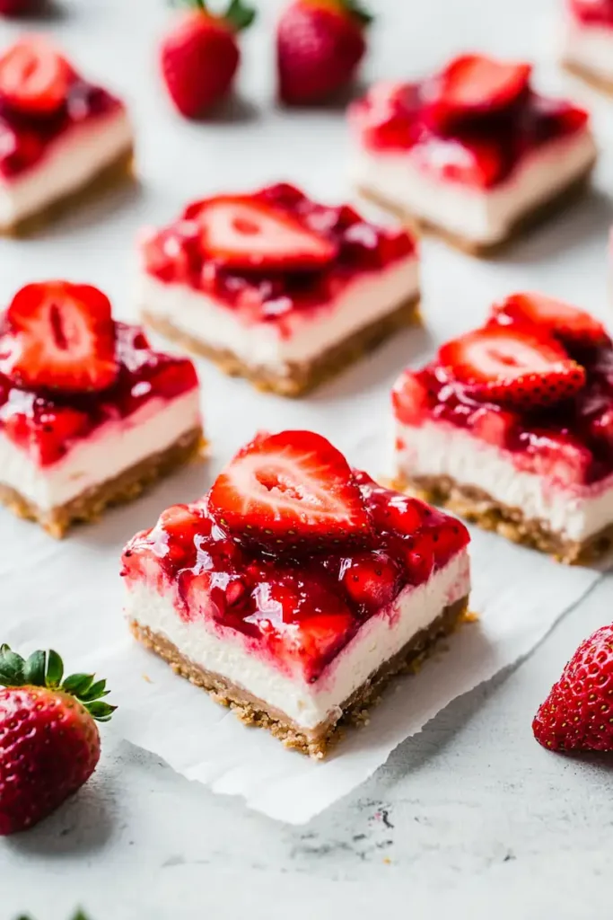 Easy Spring Strawberry Recipes: 5 Fresh & Budget-Friendly Ideas 5 no bake strawberry cheesecake bars with fresh strawberry topping