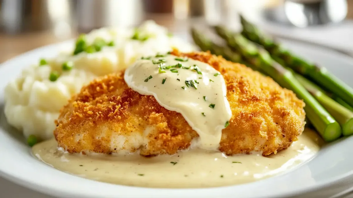 Parmesan Crusted Chicken with Creamy Garlic Sauce (Easy Family Dinner Recipe) 1 Crispy parmesan crusted chicken with creamy garlic sauce served on a white plate with mashed potatoes and roasted asparagus, easy family dinner recipe.