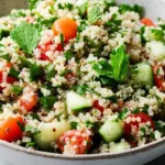 Fresh quinoa tabbouleh salad in a bowl with parsley, mint, cucumber, cherry tomatoes, and lemon dressing, a healthy Mediterranean quinoa salad.