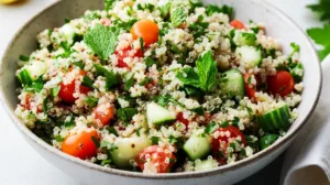 Fresh quinoa tabbouleh salad in a bowl with parsley, mint, cucumber, cherry tomatoes, and lemon dressing, a healthy Mediterranean quinoa salad.