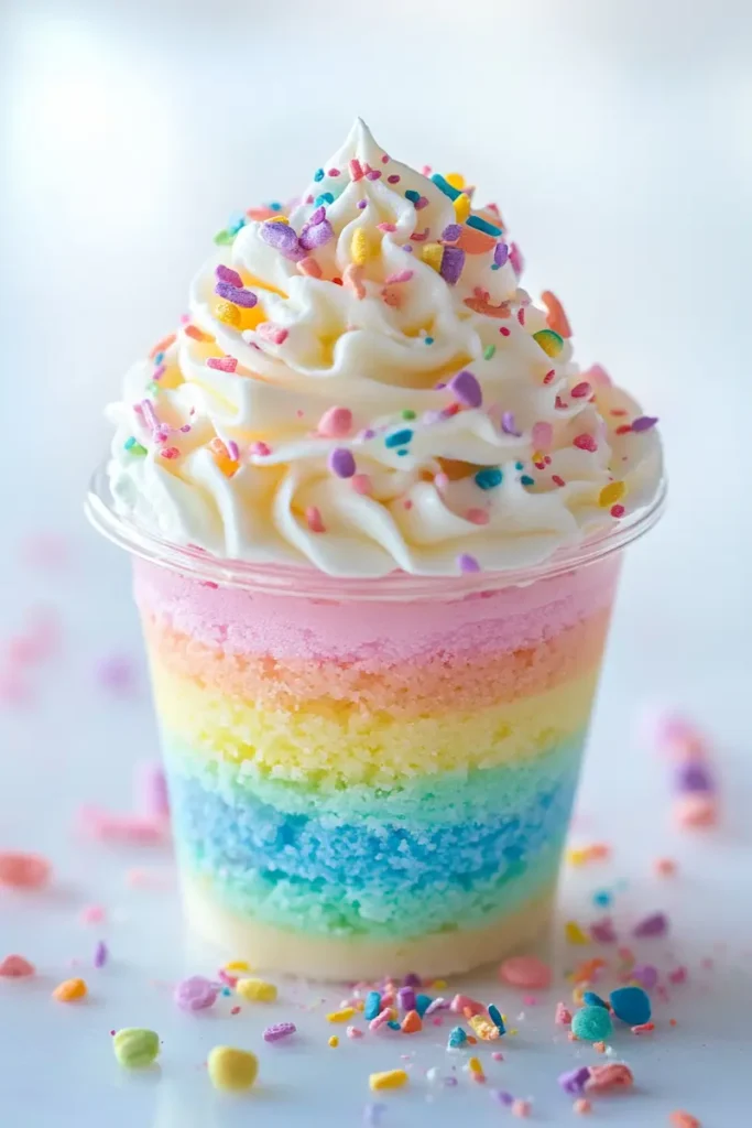3 No Bake Mini Cheesecake Ideas That Go Viral on Pinterest (Easy & Colorful) 2 Rainbow layered mini cheesecake in a cup with pastel colors and whipped cream topping