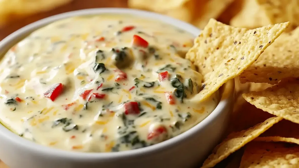 Creamy spicy Velveeta spinach dip in a rustic bowl with visible spinach and diced tomatoes, served warm with tortilla chips and crackers