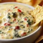 Creamy spicy Velveeta spinach dip in a rustic bowl with visible spinach and diced tomatoes, served warm with tortilla chips and crackers