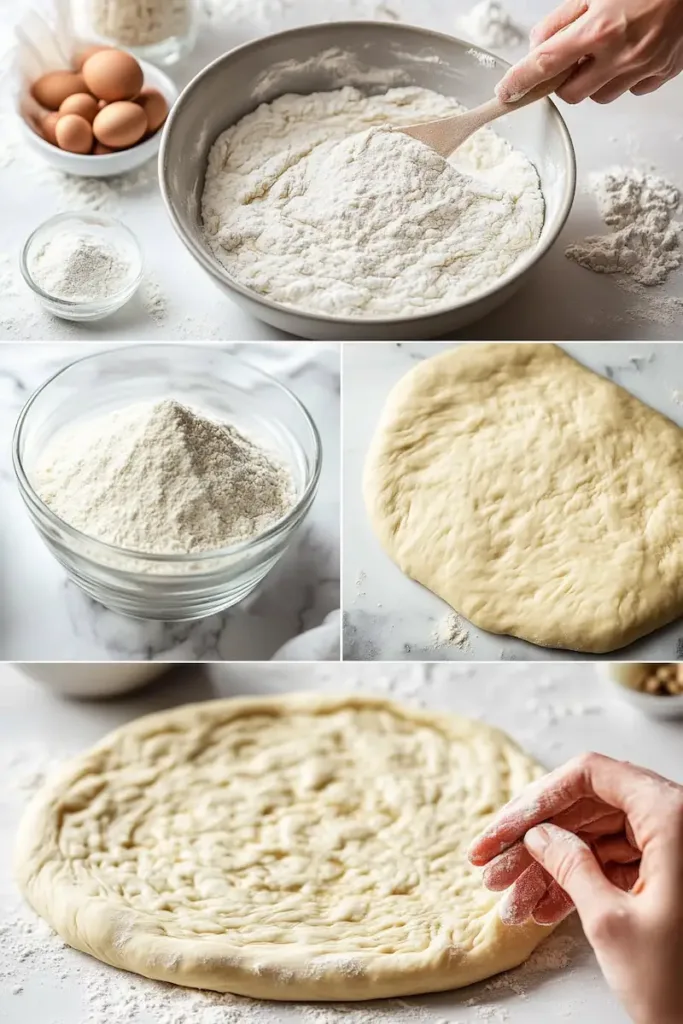 Crispy Chewy Bubbly Pizza Dough Recipe (Artisan Pizza Dough Guide) 4 Step-by-step process of making crispy chewy bubbly pizza dough from ingredients and mixing to stretching and baking artisan pizza crust.