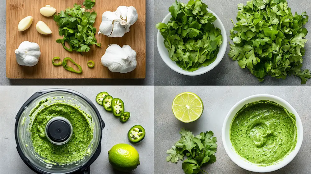 Step-by-step collage showing creamy garlic lime cilantro sauce recipe with fresh ingredients, blending process in a food processor, and finished cilantro lime sauce in a bowl under bright natural light.