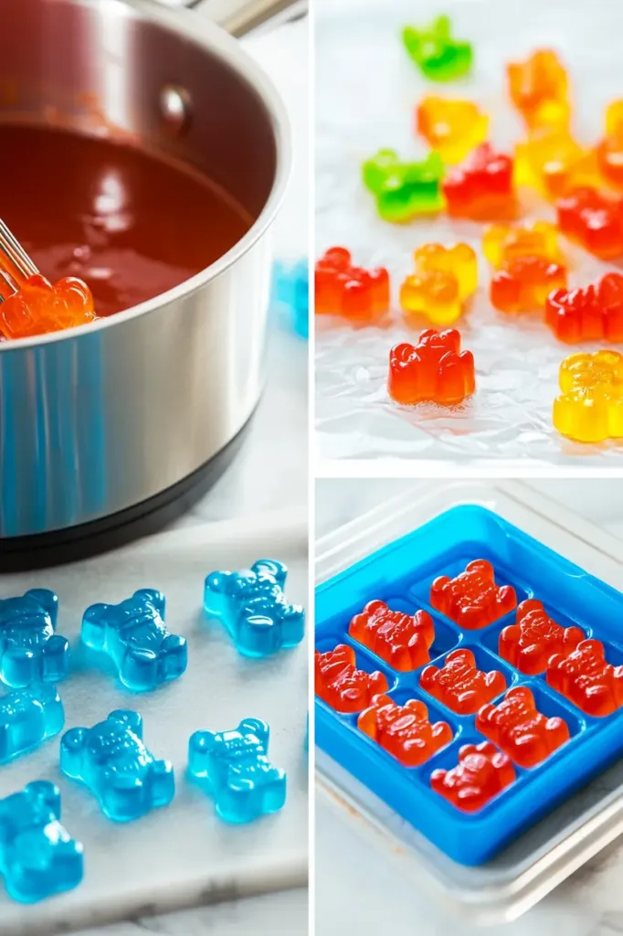 Step-by-step collage showing how to make translucent gummy bears, including mixing gelatin fruit juice, filling silicone gummy bear molds, removing set gummies, and storing homemade gummy bears.