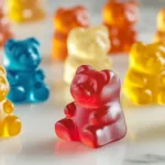 Colorful translucent homemade gummy bears made with fruit juice and gelatin arranged on a white marble surface.
