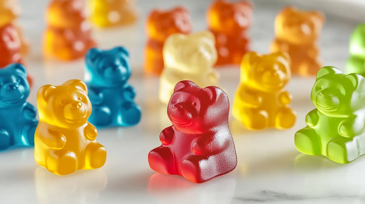 Colorful translucent homemade gummy bears made with fruit juice and gelatin arranged on a white marble surface.