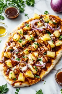 Flat lay of ingredients for BBQ Hawaiian flatbread pizza including flatbread, shredded chicken, pineapple, red onion, mozzarella, and BBQ sauce