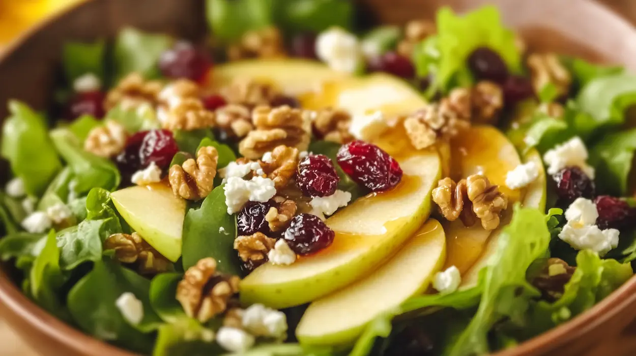 Fresh apple cranberry walnut salad with sliced apples, dried cranberries, toasted walnuts, feta cheese, and honey vinaigrette.