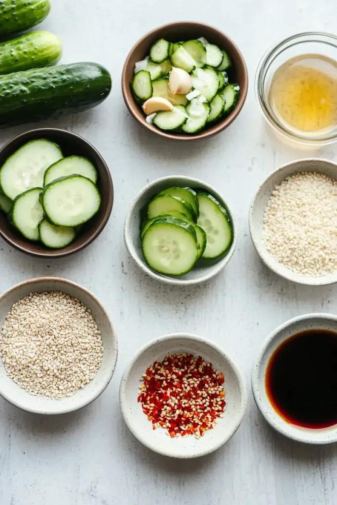 Easy Asian Cucumber Salad Recipe (Fresh, Spicy & Tangy) 3 Ingredients for Asian cucumber salad including cucumbers, rice vinegar, soy sauce, sesame oil, garlic, chili flakes and sesame seeds.