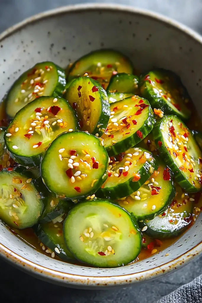 Easy Asian Cucumber Salad Recipe (Fresh, Spicy & Tangy) 2 Spicy Asian cucumber salad with sesame seeds and chili flakes inspired by TikTok cucumber salad recipes