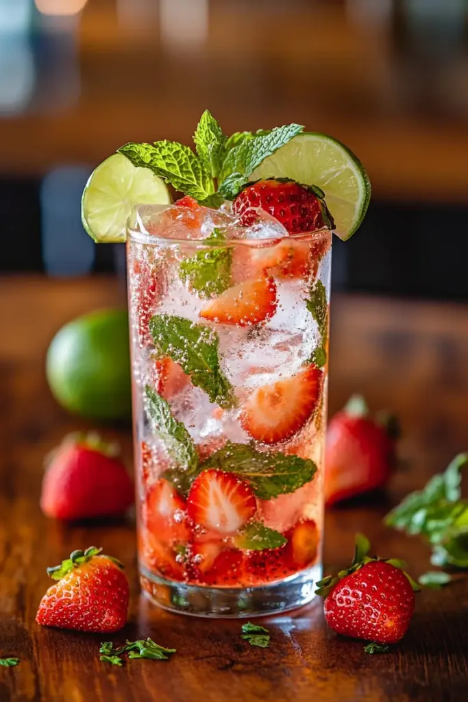 Healthy Strawberry Mint Mocktail 2 Healthy strawberry mint mocktail recipe with sparkling water, fresh strawberries and mint – easy alcohol free cocktail idea.