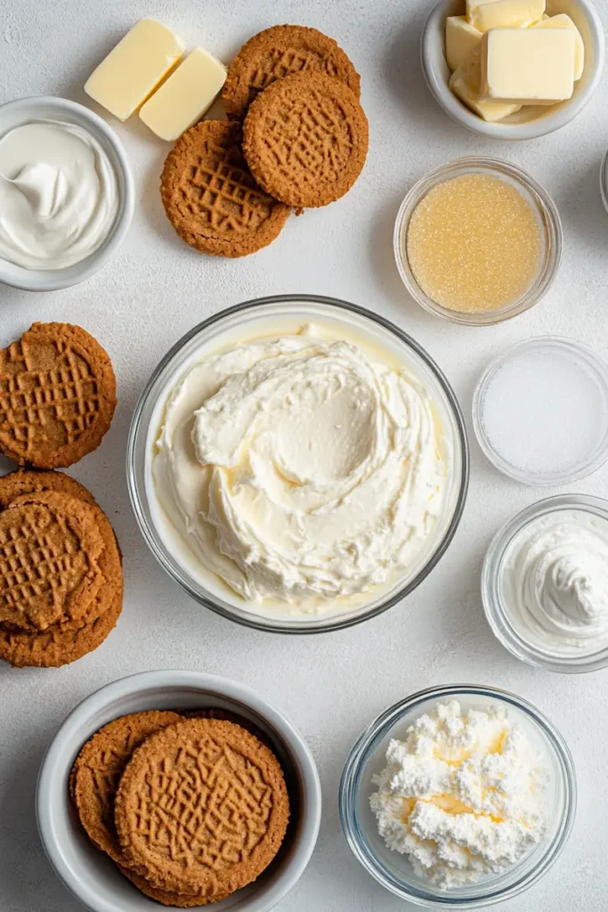 Biscoff cheesecake ingredients including Lotus cookies, cream cheese, butter, sugar and heavy cream