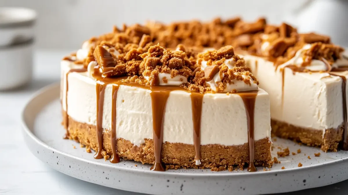 Creamy no bake Biscoff cheesecake with smooth Lotus topping and crunchy cookie crust