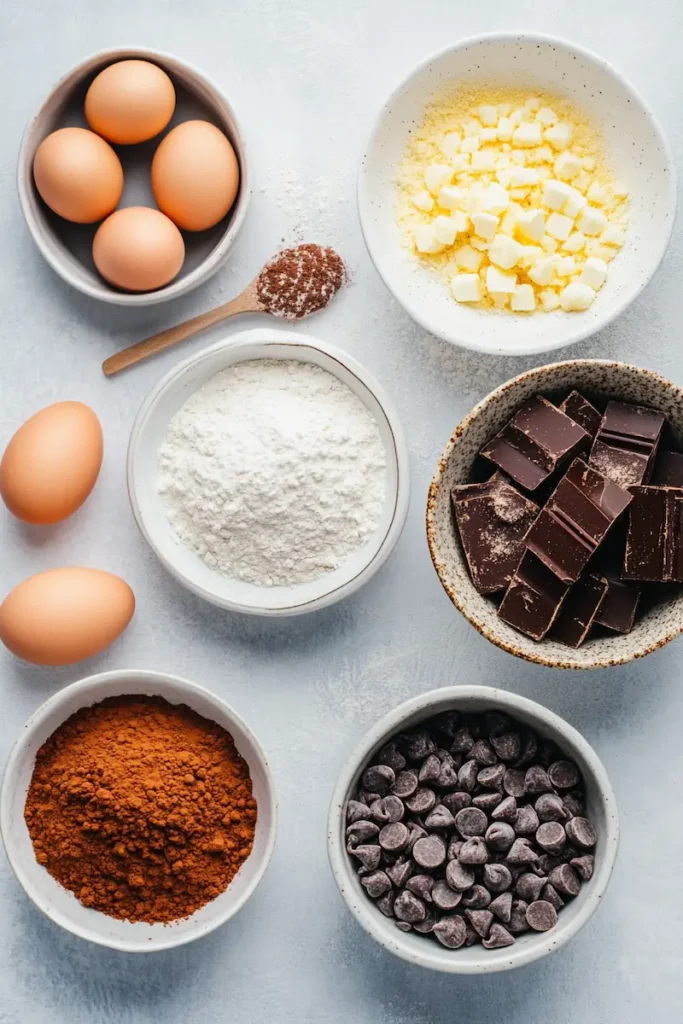 Ingredients for brownie cookies including cocoa powder, flour, eggs, sugar and chocolate chips