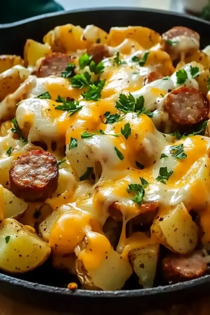 Cheesy ranch potatoes and smoked sausage served as an easy family dinner