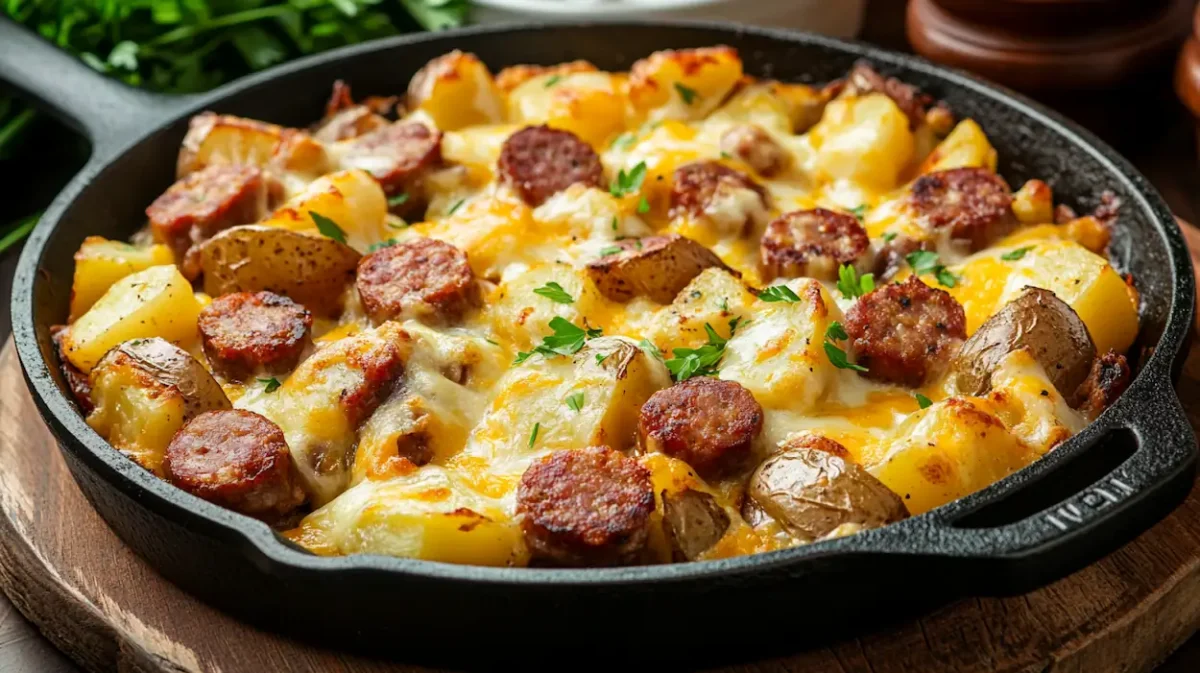 Cheesy ranch potatoes and smoked sausage in a skillet with melted cheese and golden potatoes