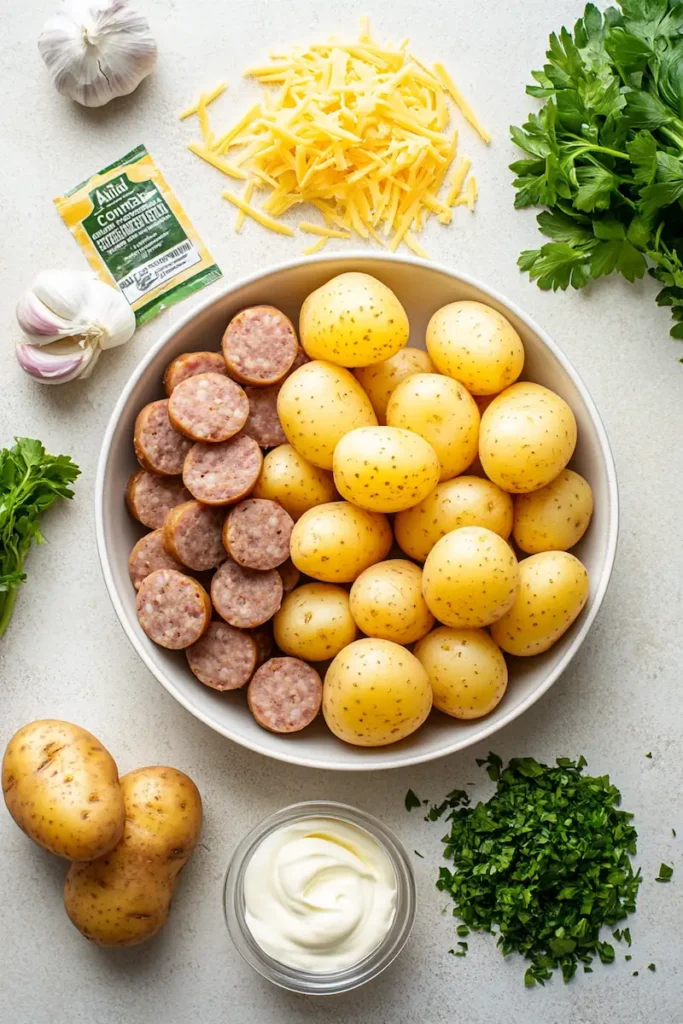 Ingredients for cheesy ranch potatoes and smoked sausage including potatoes, smoked sausage, ranch seasoning, cheese, onion, and garlic