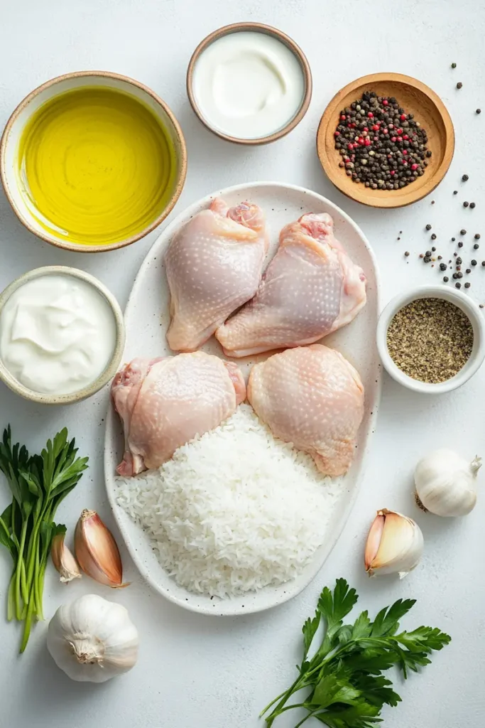 Creamy Chicken and Rice Recipe (Easy One Pot Meal Everyone Loves) 2 Raw ingredients for creamy chicken and rice including chicken thighs, rice, garlic, onion, and broth