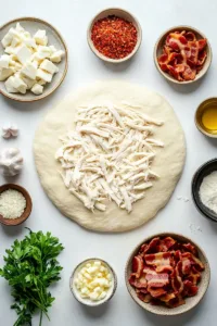 ingredients for chicken bacon ranch pizza including pizza dough, cooked chicken, bacon, ranch dressing, mozzarella cheese and garlic