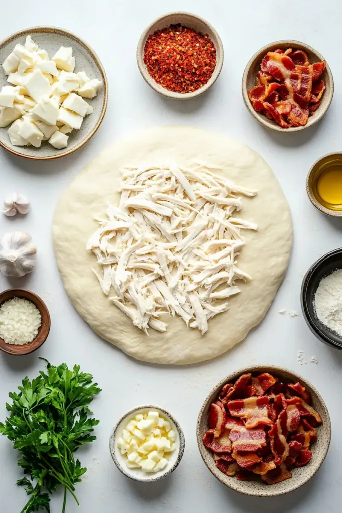 ingredients for chicken bacon ranch pizza including pizza dough, cooked chicken, bacon, ranch dressing, mozzarella cheese and garlic