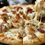 homemade chicken bacon ranch pizza with crispy bacon, grilled chicken, ranch sauce and melted mozzarella cheese on golden pizza crust