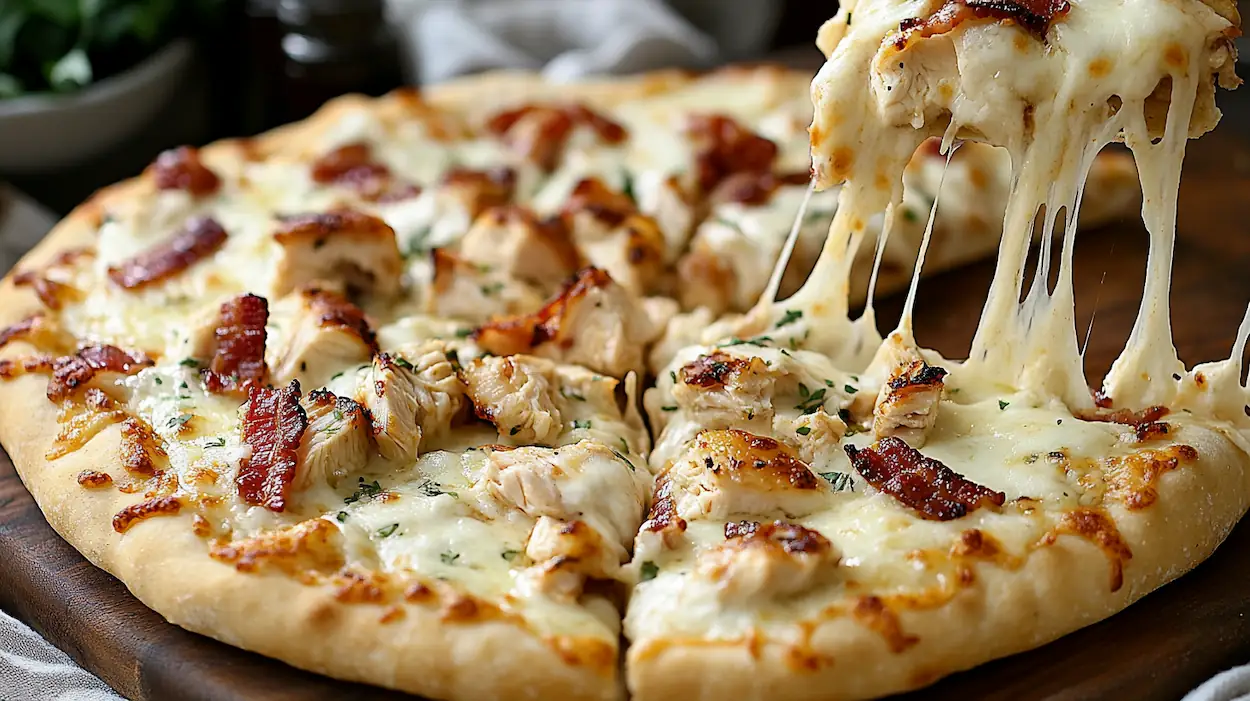homemade chicken bacon ranch pizza with crispy bacon, grilled chicken, ranch sauce and melted mozzarella cheese on golden pizza crust