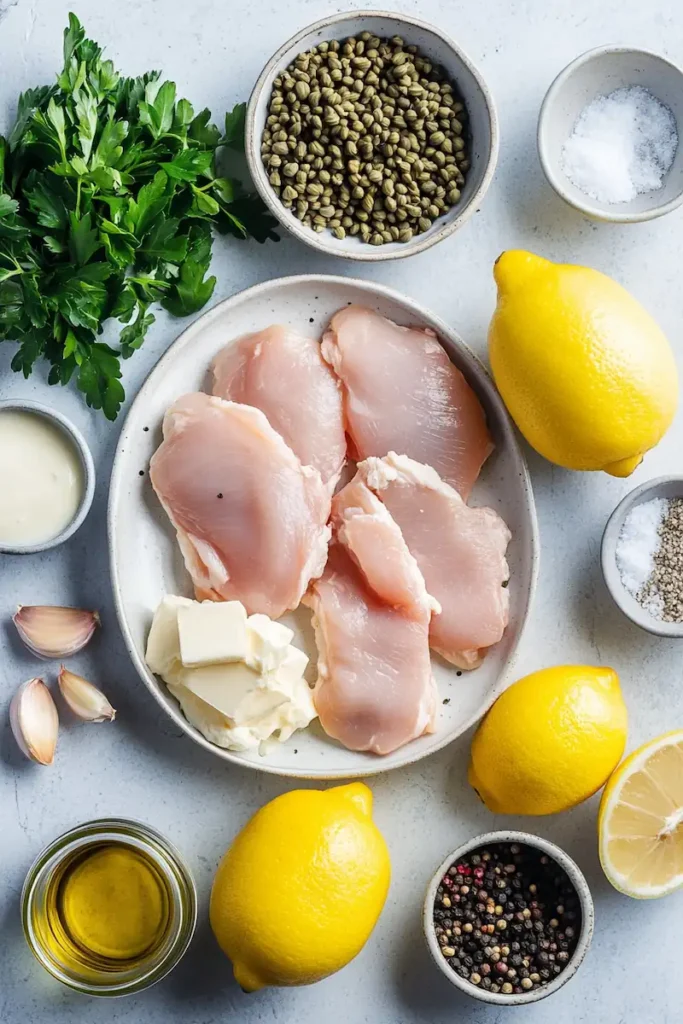 Creamy Chicken Piccata Recipe (Easy 30 Minute Dinner) 3 Ingredients for creamy chicken piccata including chicken cutlets, lemons, capers, garlic, butter, cream, flour and parsley on a kitchen surface.