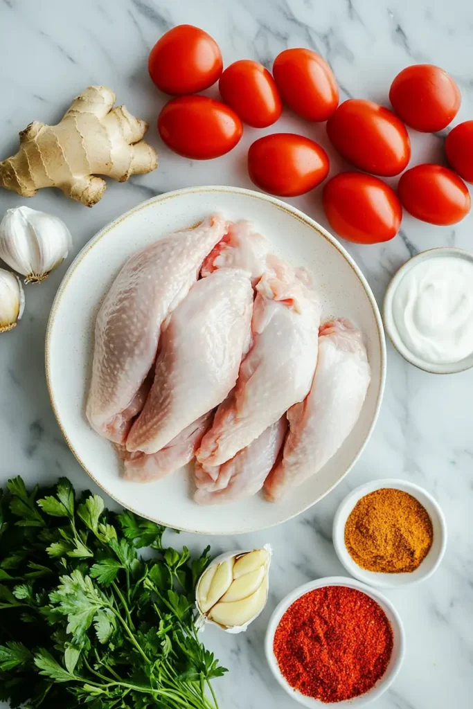 Ingredients for chicken tikka masala including chicken, yogurt, spices, tomatoes and cream