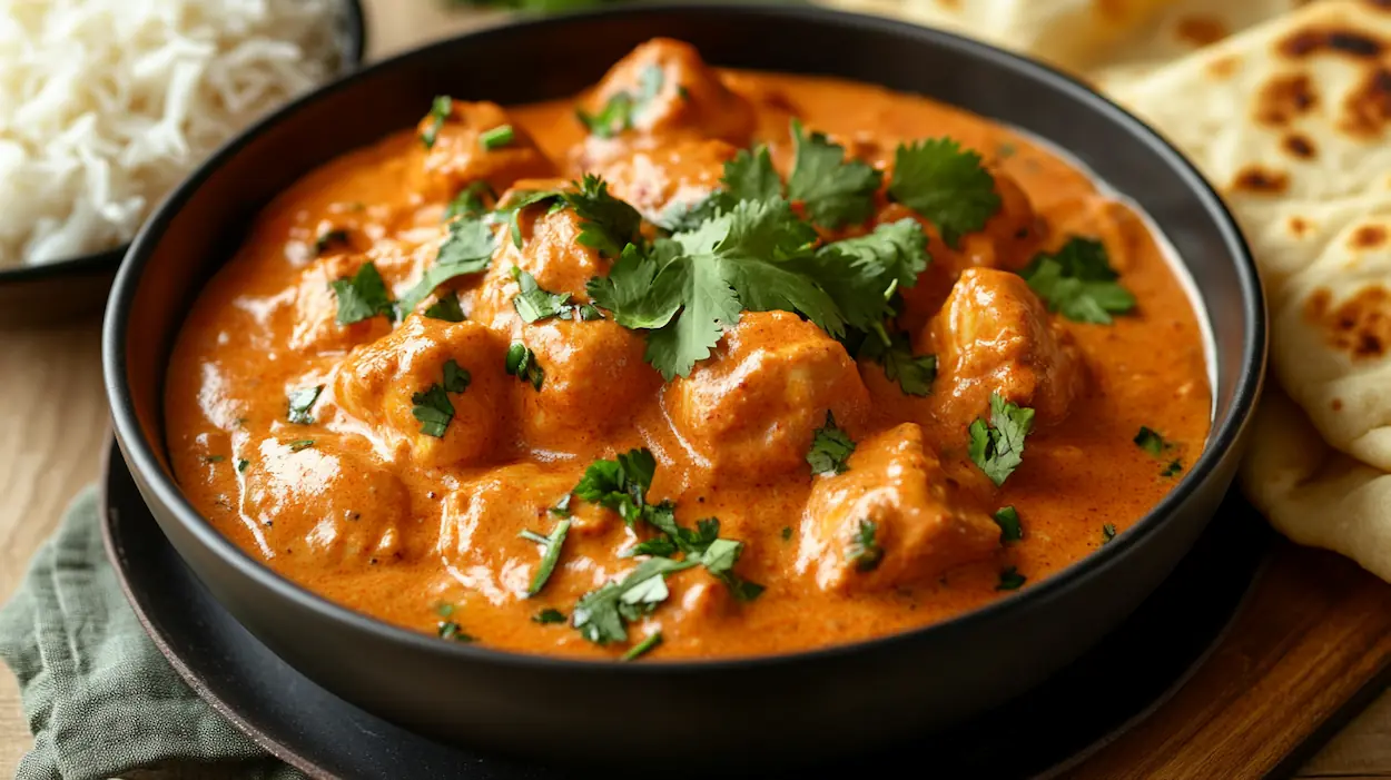 Creamy chicken tikka masala in a bowl with rich tomato sauce and fresh cilantro