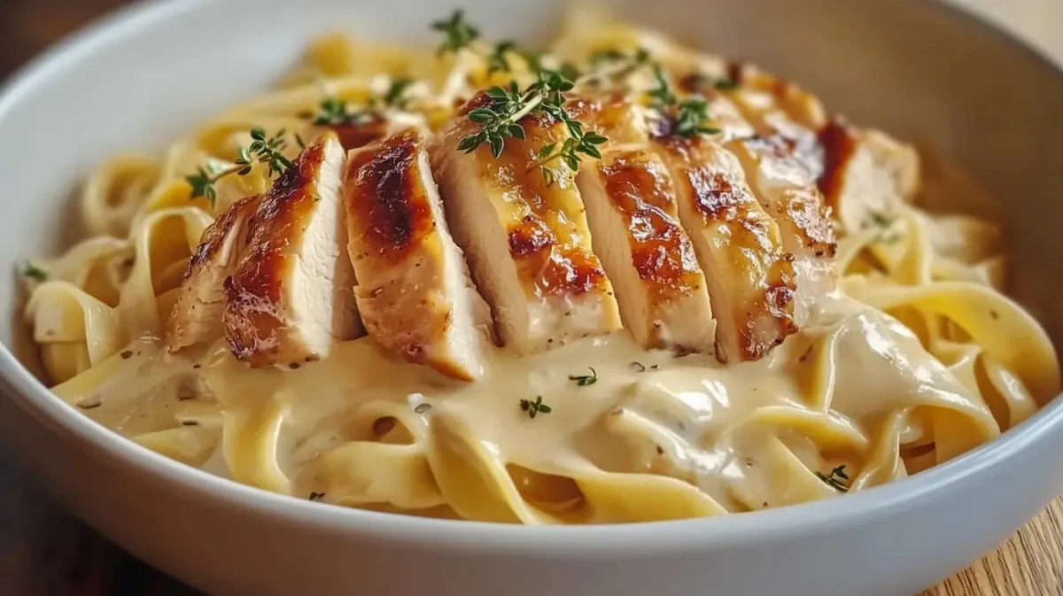 Creamy chicken with buttered noodles served in a shallow bowl with parsley garnish