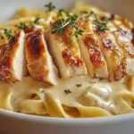 Creamy chicken with buttered noodles served in a shallow bowl with parsley garnish